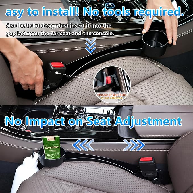 Seat gap filler Compatible with Toyota RAV4.Deeper Than Standard Retail Models(7.5cm)|Added Cup Holder (2 Fixed Points) + Hooks + Charging Cable Port |2pcs Black| Free Window Break Hammer 1pcs|