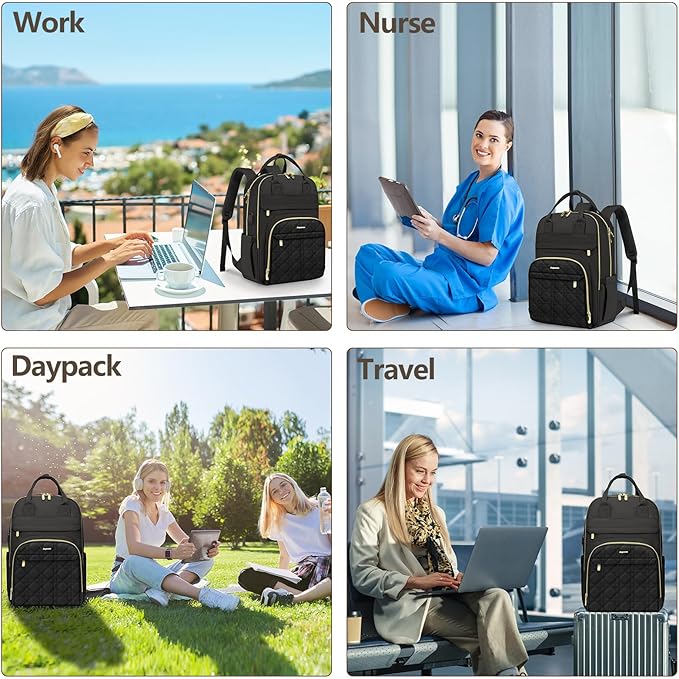 Laptop Backpack for Women Work Bag - 15.6 inch Travel Backpack Purse with USB Charger College Bookbag Waterproof Cute Casual Daypack Fashion Business Computer Backpacks for Teacher Nurse Black