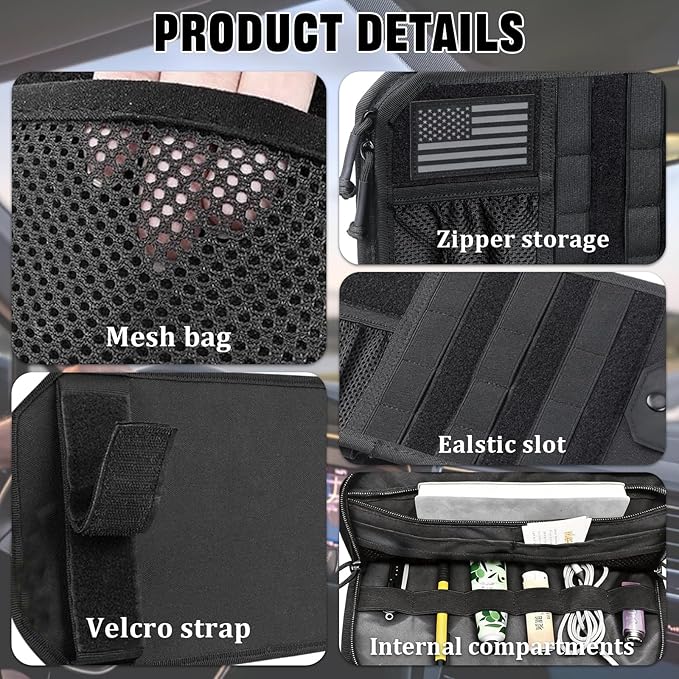Car Visor Organizer with 3pcs Velcro Patches, Multi-Pocket Sun Visor Organizer with Zipper Storage Pouch & Adjustable Straps, Semi-Rigid Panel Storage Accessories for Truck, SUV, Most Cars (Black)