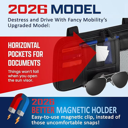 Car Sun Visor Organizer – Car, SUV, Truck Interior Accessories - Magnetic Glasses Holder & Full Length Horizontal Pockets, Allows Safe Driving - 12.2 X 6.1 in, Black