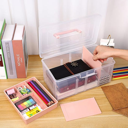BTSKY 2 Layer Clear Plastic Dividing Storage Box with Removable Tray Multipurpose Stationery Storage Box with Handle Portable Sewing Boxes Art Craft Supply Organizer Home Utility Box(Big Pink)