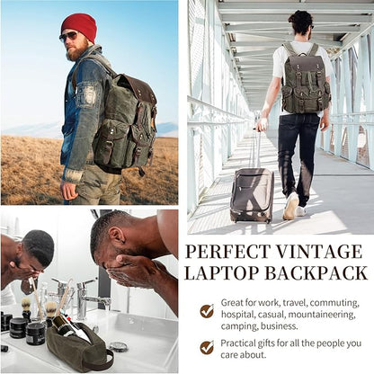 Wogarl Vintage Leather Canvas Backpack, Waxed Canvas Shoulder Rucksack with Toiletry Shoulder Rucksack for Traveling, Camping, Hiking,Business College Fits 17inch Laptop,Green