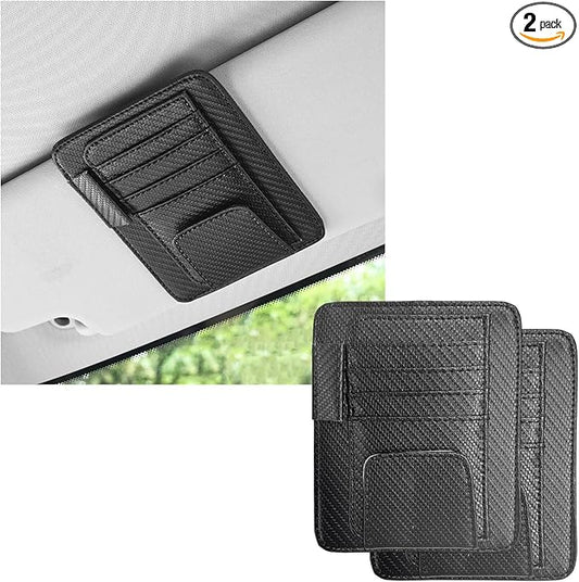 Dickno 2PCS Small Leather Car Sun Visor Organizer, Multifunctional Auto Visor Document Holder with Sunglasses Clip, Universal Car Interior Organizer for Driving License, Card, Pen (Carbon Fiber Black)