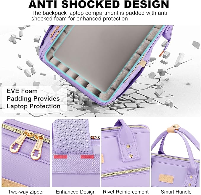 Lunch Backpack, 15.6 inch Laptop Backpack with Insulated Lunch Bag, Backpack Cooler for Women, Large Travel Backpack Lunch Box Compartment, Work Computer Backpack, Teacher College Book Bag, Purple