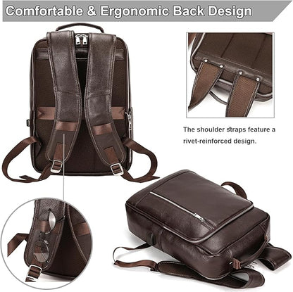 Genuine Leather 15.6 Inch Laptop Backpack for Men, Multi Pocket Slim Daypack Shoulder Bag with Trolley Sleeve for Business Travel (Brown)