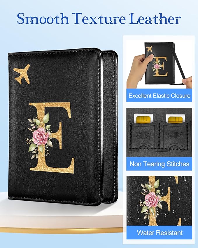 Slohif Initial Passport Holder Cover Wallet Case for Travel Women - Leather Letter Passport Book Family Multiple Personalized Organizer Card Slots Protector Sleeve Essentials Slim Carrier Black E