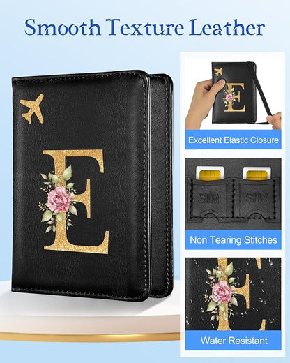 Slohif Initial Passport Holder Cover Wallet Case for Travel Women - Leather Letter Passport Book Family Multiple Personalized Organizer Card Slots Protector Sleeve Essentials Slim Carrier Black E