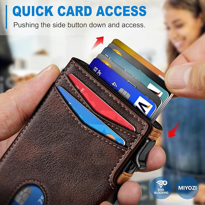 miyozi Wallet for Men, Magnetic Minimalist Slim Wallet with Pop Up Card Holder, 9 Cards RFID Blocking Metal Credit Card Case, Leather Wrapped Money Clip, ID Window & Small Item Slot, Gift Boxed