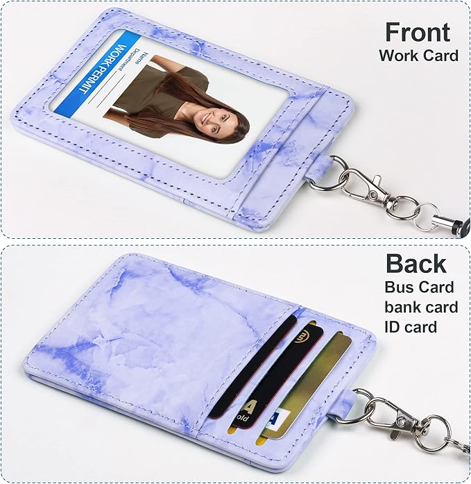 ID Badge Holder with Lanyard Marble Pattern Retractable Badge Holder PU Leather with Clear ID Window 1 Credit Card Case Name Badge Keychain Tags Protector for Women Nurse Teacher Office (Purple)