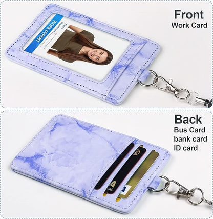 ID Badge Holder with Lanyard Marble Pattern Retractable Badge Holder PU Leather with Clear ID Window 1 Credit Card Case Name Badge Keychain Tags Protector for Women Nurse Teacher Office (Purple)