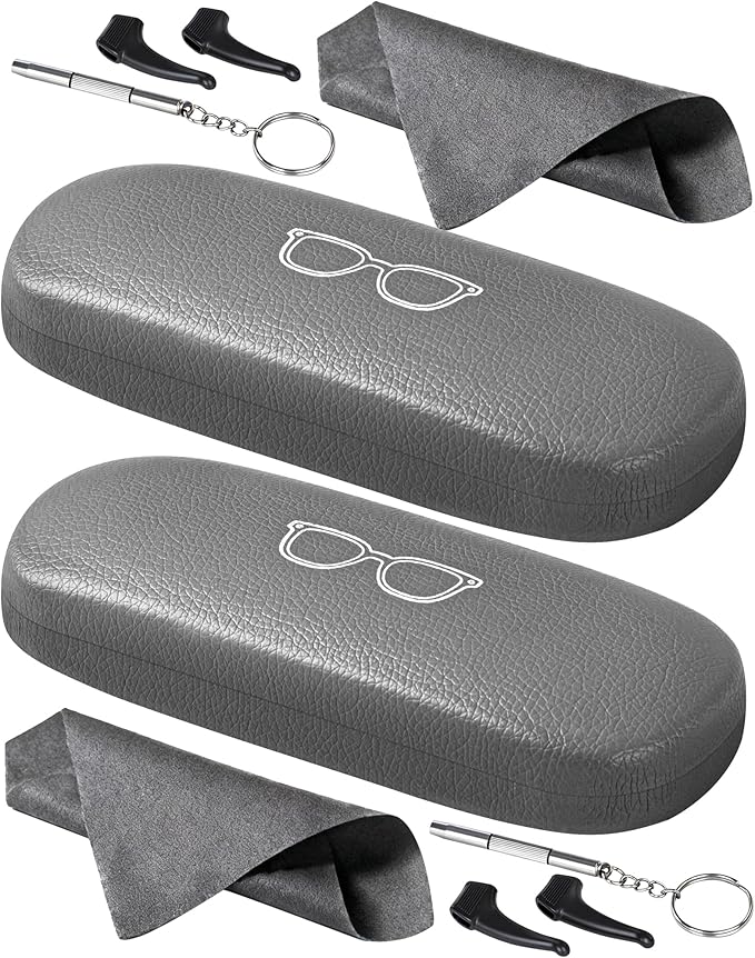 RayLove Glasses Case, 2 Pack Unisex Hard Shell Eyeglass Case PU Leather Hard Eyeglass Case with Eyewear Accessories