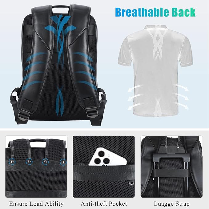 Masa Kawa Slim Genuine Leather Business Backpack 15.6" Laptop Bag for Men Women Office Work Travel Small Thin Computer Casual Daypack, Black