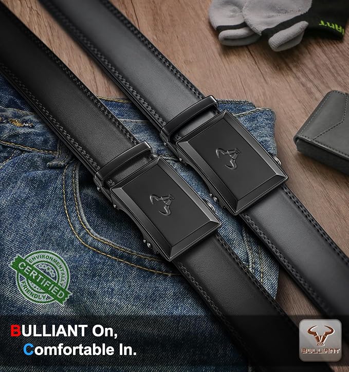 BULLIANT Men Belt 2Pack-Ratchet Leather Belt Adjsutable For Jeans Dress Casual Pant 1 3/8"- Cut For Fit