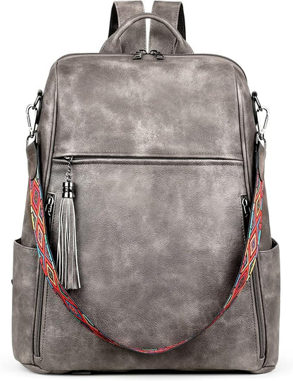 FADEON Leather Laptop Backpack for Women Designer 15.6 inch PU Laptop Bag, Ladies Travel Computer Work Backpack Grey