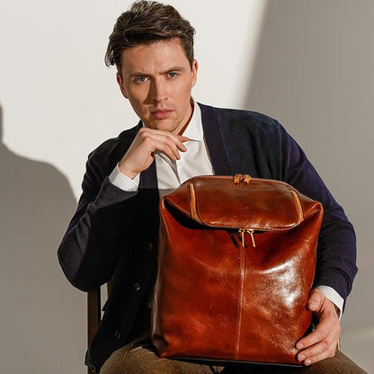 Time Resistance Leather Backpack - Unisex Business Rucksack Laptop Bag for Bag and Women (Cognac Brown)
