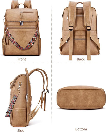 SYTRAH Leather Laptop Backpack for Women Designer Laptop Bag, 16.5 inch Travel Computer Backpacks Purse with Tassel for Work Business with Satchel Purse Camel Brown
