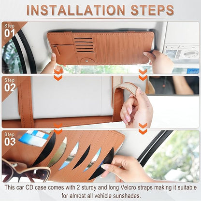 alpmosn Sun Visor CD Case Holder for Car - Multi-Function Visor Organizer with CD/DVD Storage, Eyeglass Clip, Card Slots & Pen Holder, Durable Leather Car Accessories (Orange)