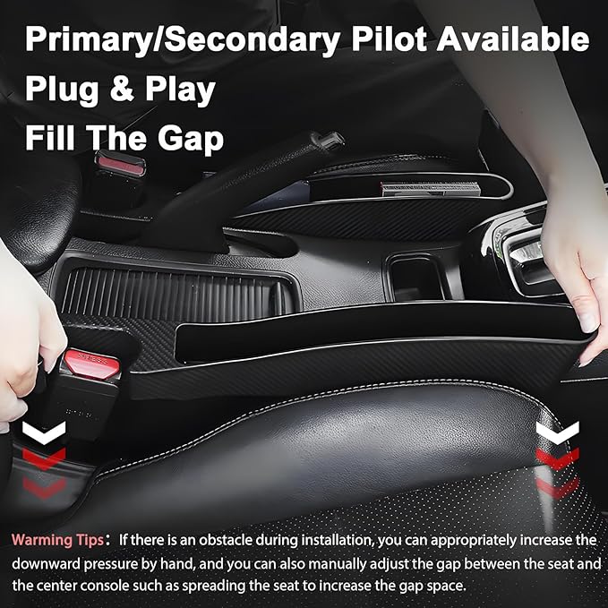 2 PCS Universal Car Seat Gap Filler, Seat Gap Filler with Black-Carbon Fiber Texture for Cars SUV Trucks, Console Side Gap Organizer Storage Box with Charge Cable Hole, Prevent Things from Falling Off