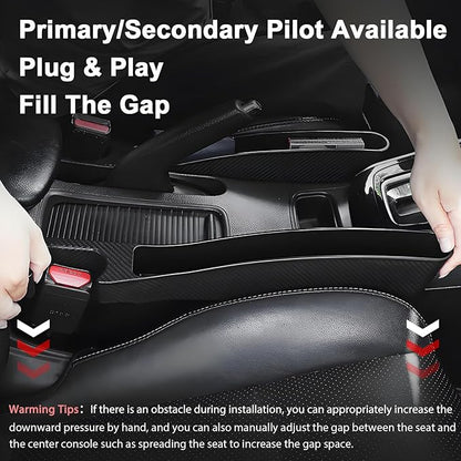 2 PCS Universal Car Seat Gap Filler, Seat Gap Filler with Black-Carbon Fiber Texture for Cars SUV Trucks, Console Side Gap Organizer Storage Box with Charge Cable Hole, Prevent Things from Falling Off