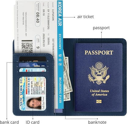 Passport Holder for Travel Essentials, RFID Blocking Passport Cover Wallet Card Case for Women and Men, PU Leather, Dark Blue