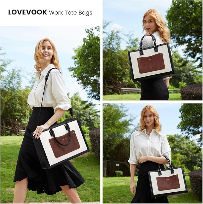 LOVEVOOK Laptop Tote Bag for Women, 15.6 Inch Work Bags, Vintage Leather Tote Bag, Waterproof Computer Bags with Clutch Purse, Large Capacity Messenger Bag for Teacher College Business Office