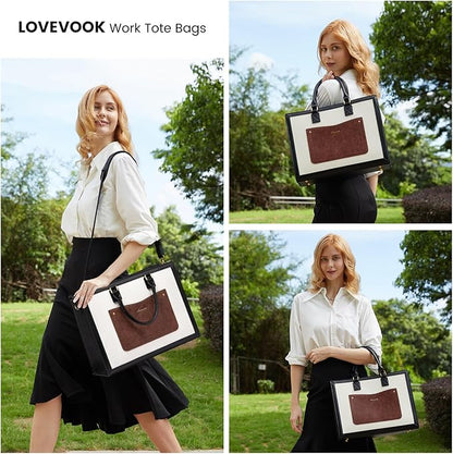 LOVEVOOK Laptop Tote Bag for Women, 15.6 Inch Work Bags, Vintage Leather Tote Bag, Waterproof Computer Bags with Clutch Purse, Large Capacity Messenger Bag for Teacher College Business Office