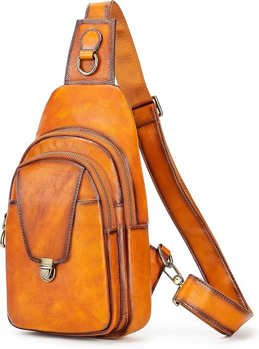 NIUCUNZH Genuine Leather Sling Bag Front Metal-Latch Crossbody Bags Handmade Vintage Chest Shoulder Backpack for Women Men