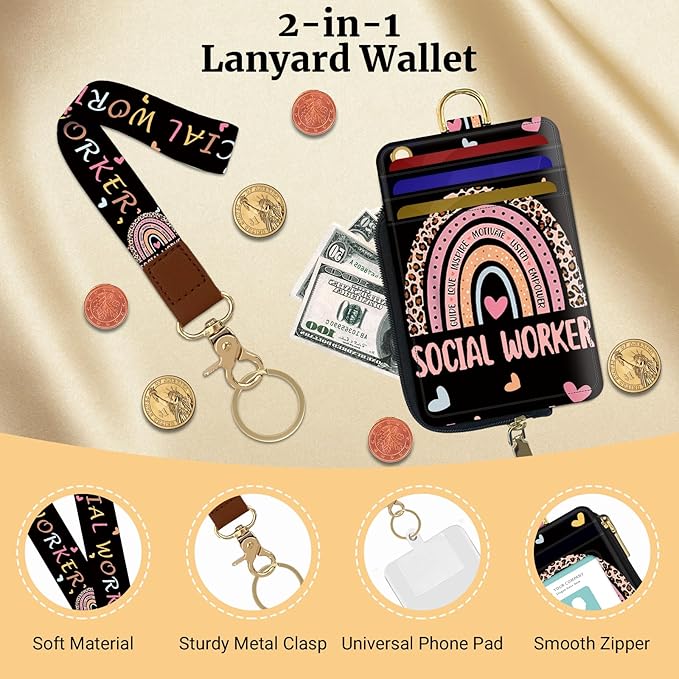 2-in-1 ID Badge Holder & Lanyard Wallet,Multi Use Womens Small Wallet with Zipper Pocket for Women Men with Wristlet and Neck Lanyard 5 Card Slots Work Essential (Social Worker)