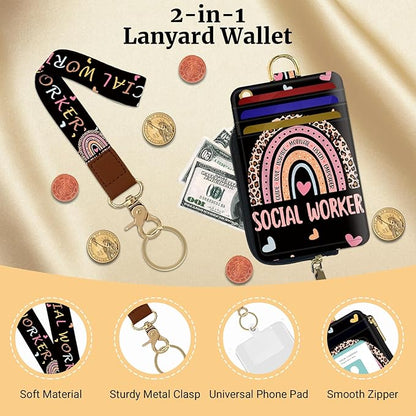 2-in-1 ID Badge Holder & Lanyard Wallet,Multi Use Womens Small Wallet with Zipper Pocket for Women Men with Wristlet and Neck Lanyard 5 Card Slots Work Essential (Social Worker)