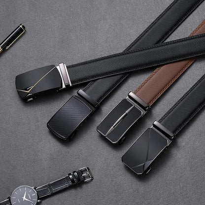 SENDEFN Men's Leather Belt Automatic Ratchet Buckle Slide Belt for Dress Casual Trim to Fit with Gift Box