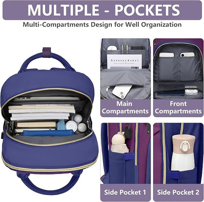 Laptop Backpack for Women Work Bag - 15.6 inch Travel Backpack Purse with USB Charger College Bookbag Waterproof Cute Casual Daypack Fashion Business Computer Backpacks for Teacher Nurse Purple Blue