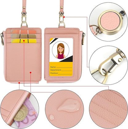 Wason Badge Holder Card Wallet Real Leather with Zipper, Detachable Neck Lanyard, Hand Strap, Retractable Badge Reel, Multi Purpose Case for ID Permit Badge Coin Key Driver's License (Pink)