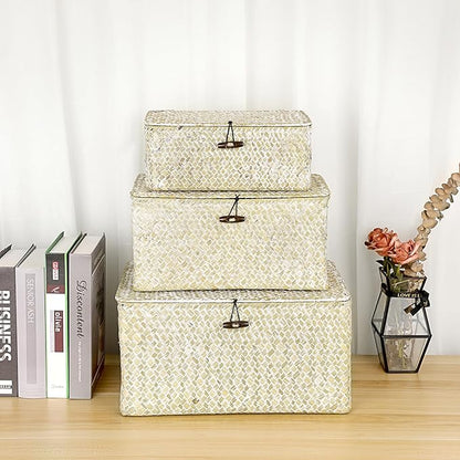Hipiwe Wicker Shelf Baskets Bin with Lid, Large Natural Seagrass Basket Storage Bins Handwoven Rectangular Household Basket Boxes for Shelf Wardrobe Home Organizer and Decor, Whitewash