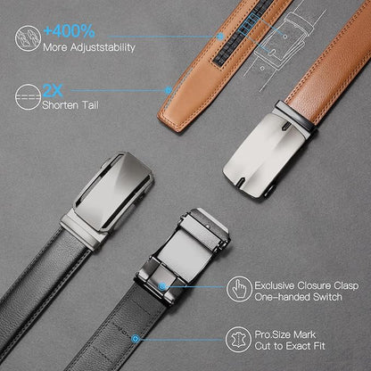 SENDEFN Men's Leather Belt Automatic Ratchet Buckle Slide Belt for Dress Casual Trim to Fit with Gift Box