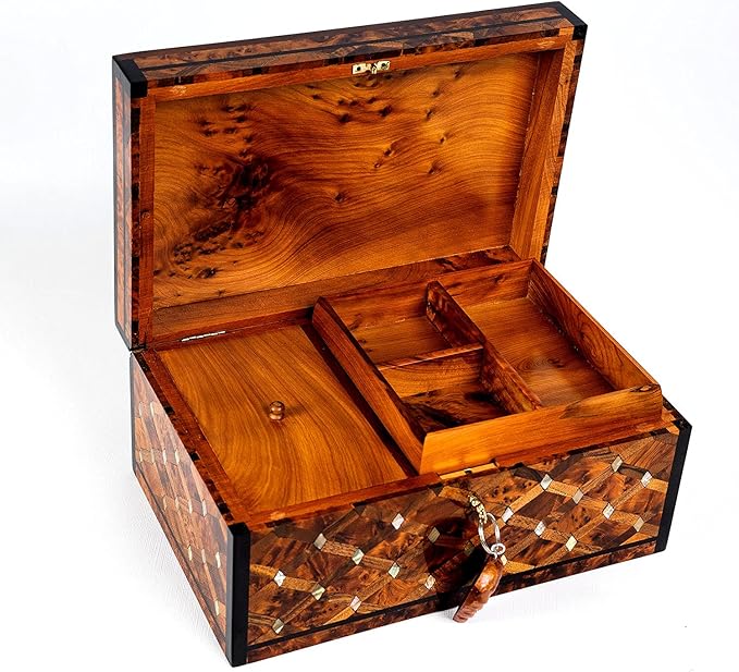HandCarved Wooden Box with Hinged Lid Multipurpose Keepsake Jewelry Decorative Art Decorative Wood Walnut Box with lids- Storage Organizer Antique (Mother of pearl XX-large)