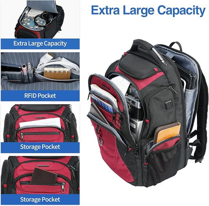 KROSER TSA Friendly Travel Laptop Backpack 17.3 inch XXXL Gaming Backpack Water-Repellent College Daypack Business Backpack with RFID Pockets & USB Port for Men/Women-Black/Red