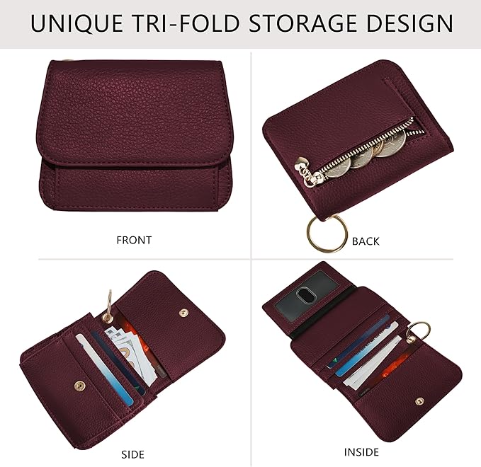 Women Small Wallet RFID Blocking Slim Wallet with Coin Pocket Tri-Fold Credit Card Holder with ID Window and Keychain (Burgundy)