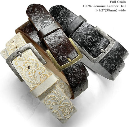 Cowboy Cowgirl Western Tooled Floral Embossed Full Grain Genuine Leather Belt Strap 1-1/2"(38mm) Wide