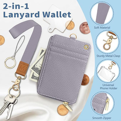Lanyard Wallet with Id Badge Holder, RFID Small Keychain Wallet Women Wristlet, Minimalist Zipper Credit Card Holder Phone Wrist Neck Strap for Key Name Tag, Teacher Student Office Gift