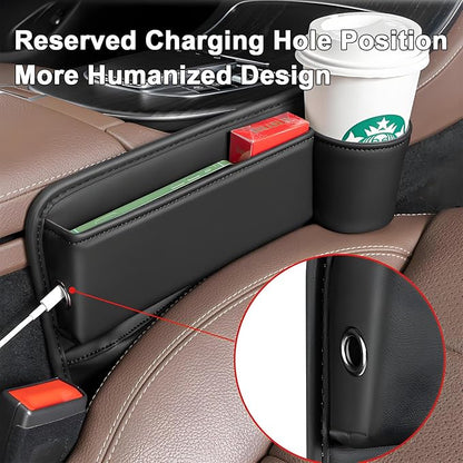 Car Seat Gap Filler Organizer, Universal Premium Leather Seat Organizer with Cup Holder, Seat Gap Storage Box with Bottle Holder, Car Leather Gap Bag Front Center Console Seat (Driver Side)
