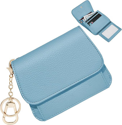 Women Small Wallet RFID Blocking Slim Wallet with Coin Pocket Tri-Fold Credit Card Holder with ID Window and Keychain (Blue)
