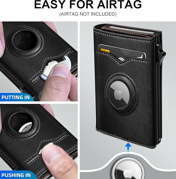 miyozi Airtag Wallet for Men,with Cash Pocket 2 ID Window 9-12 Cards,Metal Case Smart Slim Pop Up Credit Card Holder Flip with Magnetic Closure RFID Blocking Trifold wallet with Gift Box