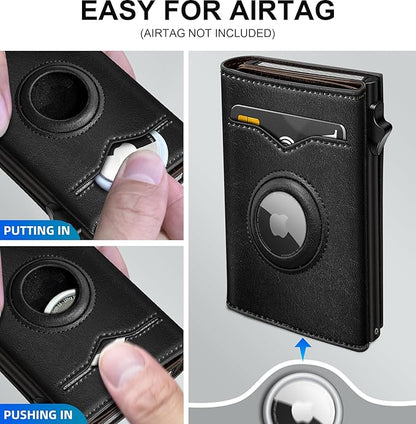 miyozi Airtag Wallet for Men,with Cash Pocket 2 ID Window 9-12 Cards,Metal Case Smart Slim Pop Up Credit Card Holder Flip with Magnetic Closure RFID Blocking Trifold wallet with Gift Box
