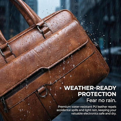 Men's Leather Laptop Bag 15 IN, Water-Resistant Briefcase Messenger Bag for Work, Business, Shoulder Crossbody Office Satchel