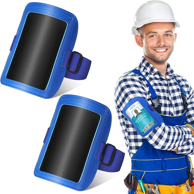 Geelin 2 Pcs Arm Badge Holder for Men Leather ID Armband Adjustable Badge Holder with Elastic Arm Band Waterproof Ski Pass Armband for Work Postcards Office Business Supplies(Blue)