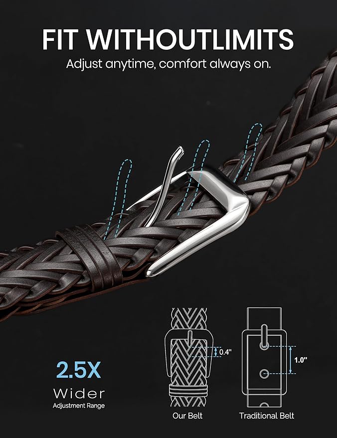 Braided Leather Belt for Men Adjustable Woven Golf Belt for Causal Shorts Pants Jeans 1.4'' Width