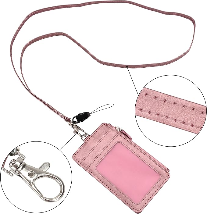 Badge Holder with Zip, Wisdompro Double Sided PU Leather ID Badge Card Holder Wallet Case with 5 Card Slots, 1 Side Zipper Pocket and 20 Inch Leather Neck Lanyard/Strap - Rose Gold (Vertical)
