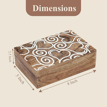 Ajuny Wooden Handmade Decorative Jewelry Storage Box White and Brown Heart Design Multipurpose Treasure Chest Keepsake Organizer Necklaces Watch Boxes Great for Gifts 8x5 Inch