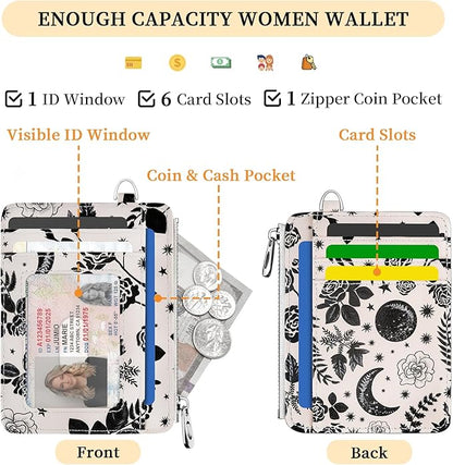 Hancynir Goth Moon Floral Slim Wallet Women Credit Card Holder, RFID Blocking Front Pocket Wallet Wristlet Keychain Lanyard, Small Cute Mini Card Case, Thin Travel Zipper Coin PU Leather Ladies Gifts