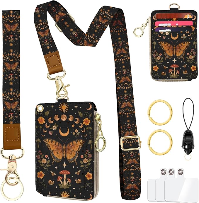 Butterfly Boho Lanyard Wallet with ID Badge Holder, Sun and Moon Mushroom Flower PU Leather Zipper Slim Card Holder for Women,Adjustable Neck Lanyard Wrist Strap with Keychain for Teacher Student